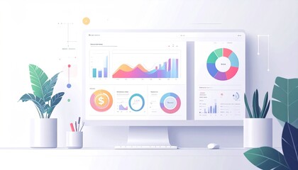 Data Visualization on Computer Screen with Plants and Accessories.