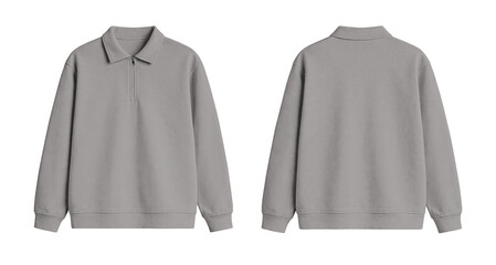 Blank Soft Gray Quarter Zip Polo Sweatshirt Mockup Front and Back Isolated on Transparent Background © Drip