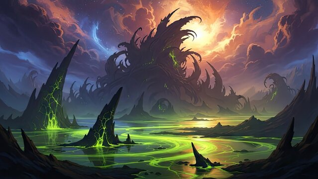 Vibrant alien landscape with glowing green water and dark spiky rock formations under a dramatic colorful sky