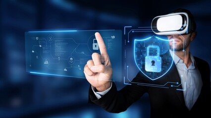 A businessman engaged in virtual reality interacts with a glowing digital lock and security interface, symbolizing innovation and advanced technology in cybersecurity. Raster