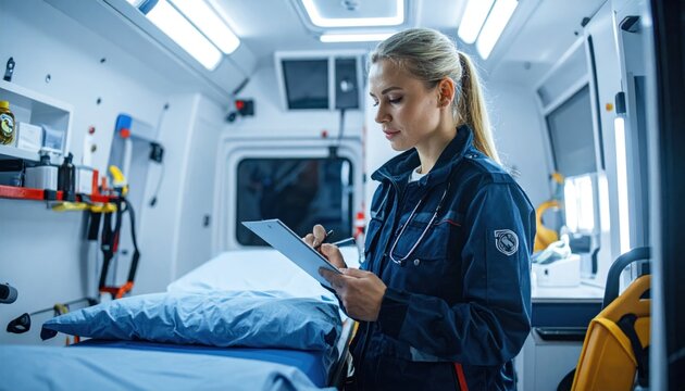 Dedicated Paramedic Woman Documenting Patient Information Inside Ambulance.