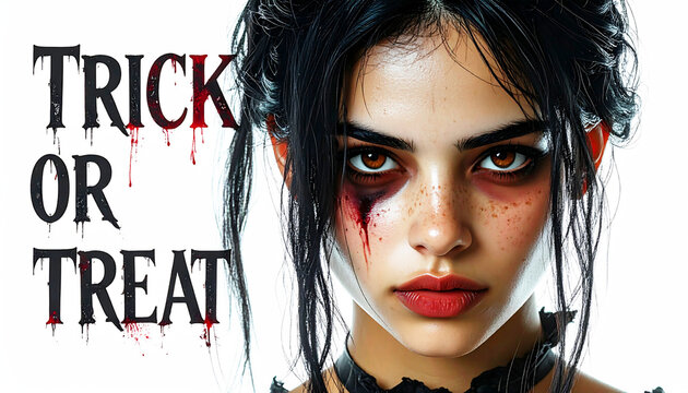 Spooky woman with a frightful expression, trick or treat signage. AI