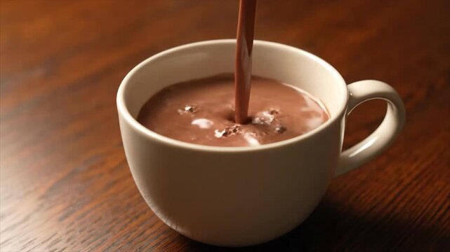 Hot chocolate is poured into a ceramic mug on a wooden surface, creating a delicious and comforting beverage