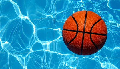 Orange Basketball Floating in a Bright Blue Swimming Pool with Rippling Water and Sun Reflections