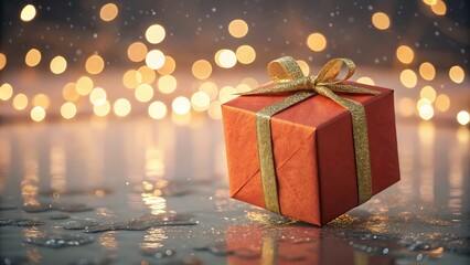 A beautifully wrapped gift box with a golden ribbon on shiny surface