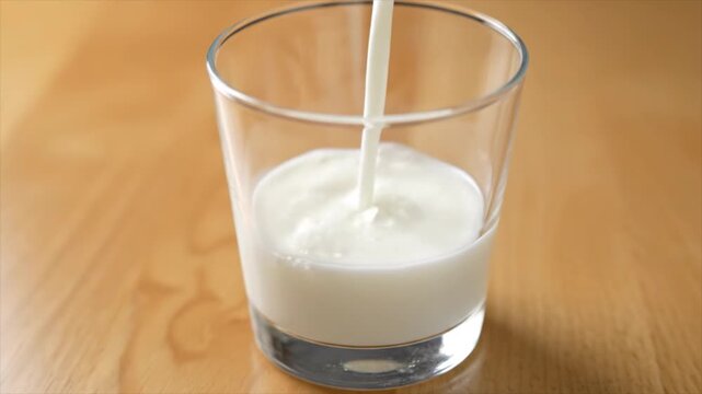 A refreshing glass of white milk being poured into a clear glass on a wooden surface, ideal for healthy lifestyle content