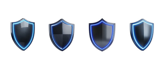 Four Futuristic Shields with Blue Neon Edges protection isolated on a transparent background