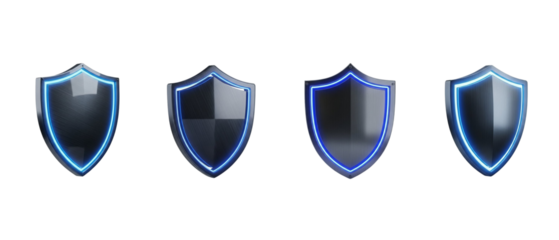 Four Futuristic Shields with Blue Neon Edges protection isolated on a transparent background