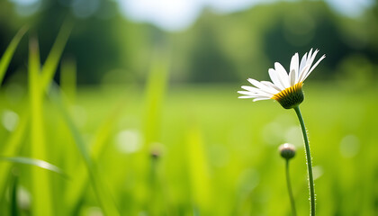 Single white daisy flower in lush green meadow with bokeh yellow blooms and distant house under blue sky
