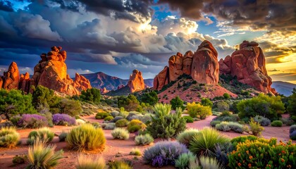 Stunning landscape showcases towering red rock formations under a dramatic, cloud-filled sky at sunset. Desert flora flourishes