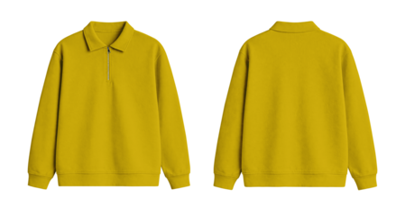 Blank Yellow Quarter Zip Polo Sweatshirt Mockup Front and Back Isolated on Transparent Background