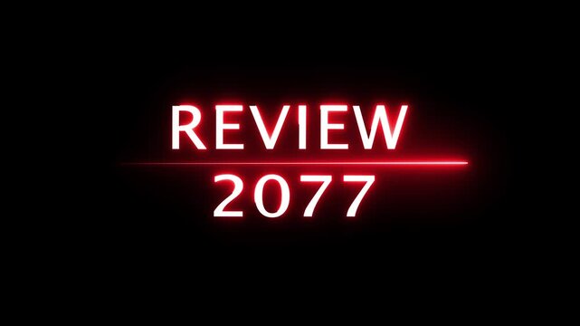 Review 2077 neon text animation. Business planning with focus on goals. Review financial target. Strategy digital technology success planning.