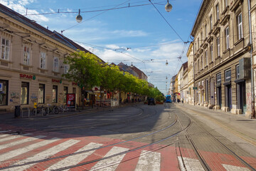 Zagreb, Croatia - 05.16.2025: ancient buildings and tram lines in old town