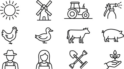 Black And White Vector Icon Set Of Farming And Agriculture Featuring A Tractor Windmill Sun Chicken Duck Cow Pig Farmer Hand Tools And Sprout © Hasan Creatives
