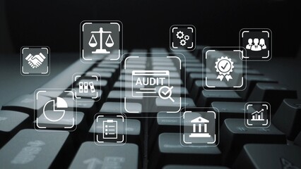 Digital workspace with keyboard and various icons representing audit, scales of justice, data analysis, teamwork, and quality assurance concepts in modern business Gluon.