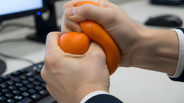 Person squeezing stress ball in office setting with computer equipment nearby for stress relief and relaxation techniques