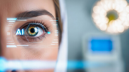Woman eye with AI interface displaying data. Futuristic vision and artificial intelligence in medicine. Concept of digital health technology.