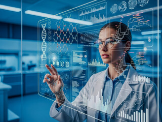 Woman scientist using virtual interactive screen in medical laboratory. Biotechnology and genome research, innovative digital health technology concept.