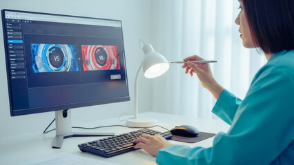 Woman doctor at desk using computer. Medical professional compares data. Health care technology and research concept.