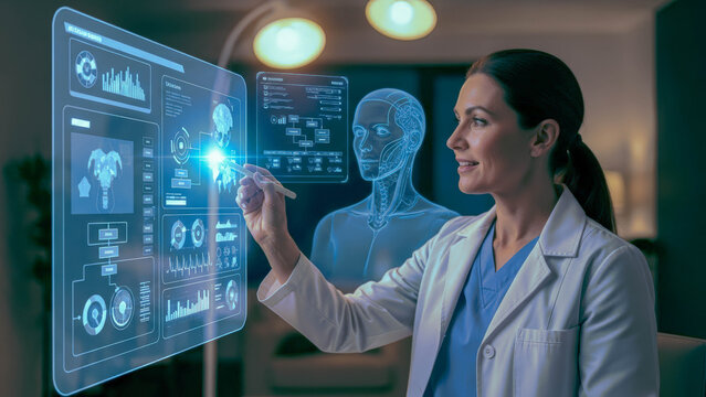 Woman doctor interacting with holographic medical data and human anatomy model. Future diagnostic and treatment in innovative healthcare. - Powered by Adobe