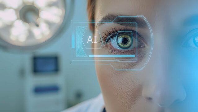Woman with artificial intelligence interface in eye. Concept of medical diagnosis and healthcare innovation with ai technology. - Powered by Adobe