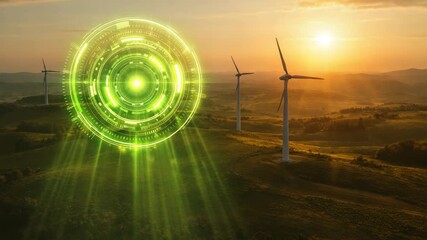 Wind Turbine Farm at Sunset with Digital Radar and Energy HUD Interface - Powered by Adobe