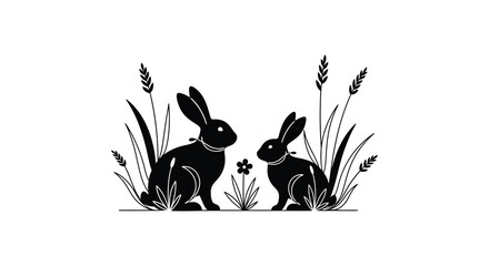 Two rabbits sit amongst wheat and wildflowers in a striking black and white design beautifully rendered as a silhouette high quality © GDOthoi02