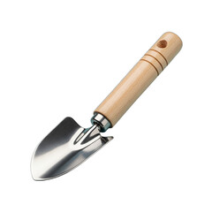 Fototapeta premium Perfectly isolated on transparent background, a small wooden gardening trowel with a light wood handle and gleaming metal blade. Symbolizing spring planting, gardening, and home projects.