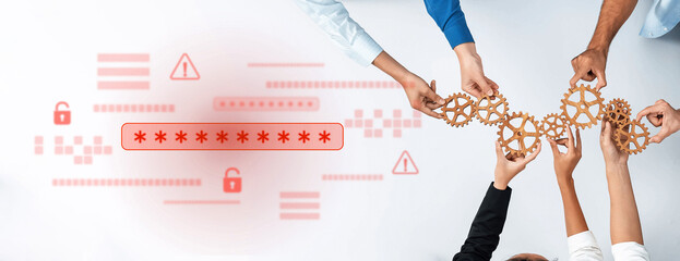 Diverse hands holding wooden gears symbolize teamwork and collaboration, with abstract security symbols in the background representing the importance of innovation and protection in business. Trope