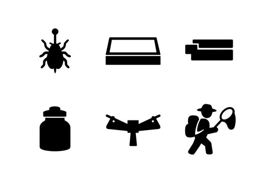 Insect research icons: bug, collection case, specimen, jar, butterfly, entomologist