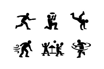 Dynamic black silhouette icons of people engaged in various sports activities