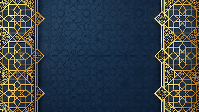 Elegant blue islamic background featuring golden arabesque side borders for ramadan kareem and eid festival