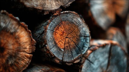 Close up textured detail of stacked weathered logs