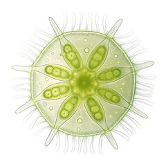 Microscopic green organism with radiating spines and internal structures