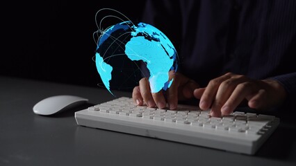 Global network connection visualization showing data exchange, digital link, worldwide...