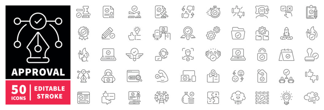 Approval process editable line icons set: workflow and business symbols