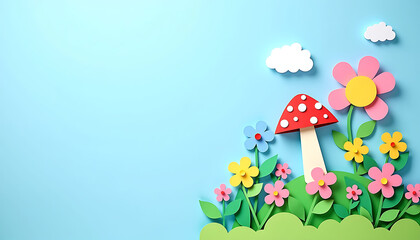 Paper cutout red spotted mushroom with colorful flowers on green hill blue sky background