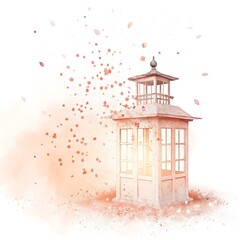 Watercolor lantern with falling red leaves and smoke