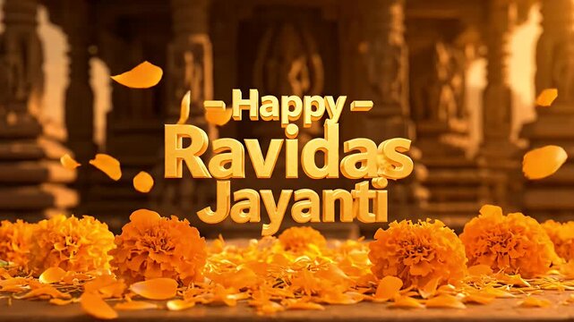 Happy Ravidas Jayanti greeting celebration with marigold at a temple.