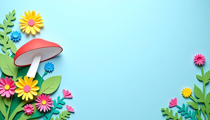 Paper cutout red spotted mushroom with colorful flowers on green hill blue sky background