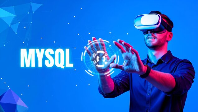 Future Technology and Business Concept The Man with Glasses of Virtual Reality and touching MYSQL button.