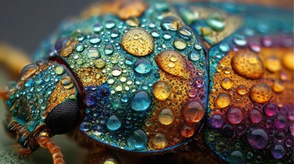 Extreme macro colorful beetle with water droplets