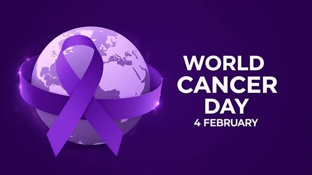 Purple awareness ribbon on a globe for World Cancer Day illustration.