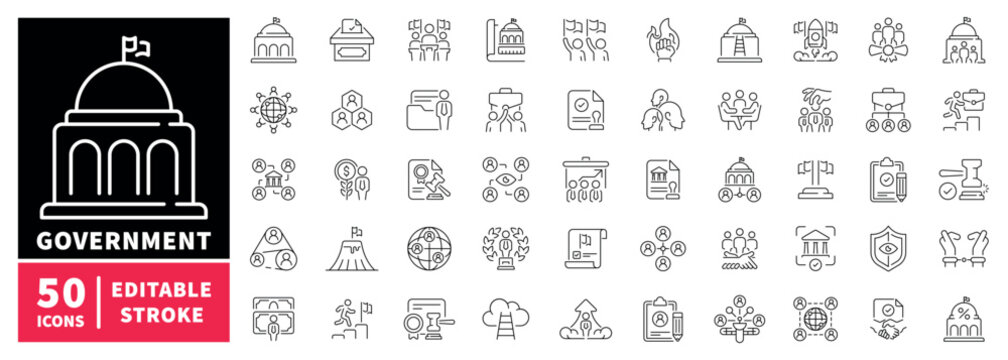 Government editable line icons set. political and administration symbols
