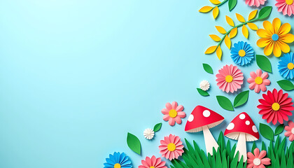 Paper cutout red spotted mushroom with colorful flowers on green hill blue sky background