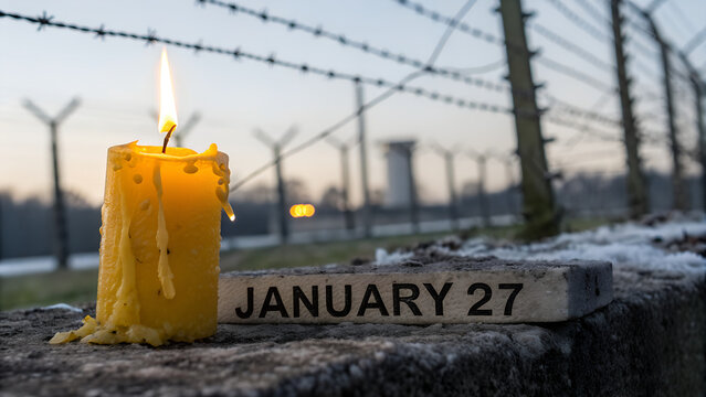 Candle burns bright on frosty January 27 near barbed wire fence