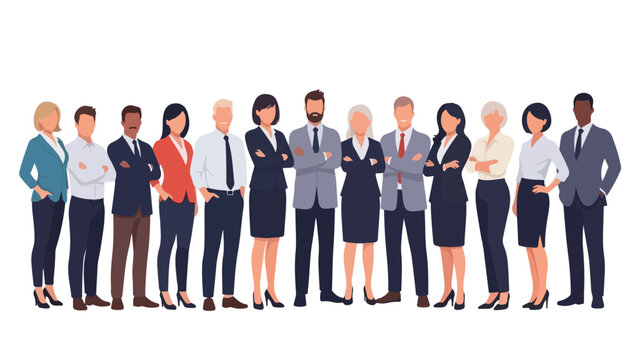 Flat vector illustration of a diverse group of professionals standing together in modern casual outfits. Clean shapes, simple design, solid colors, and a white background