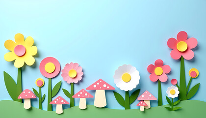 Paper cutout red spotted mushroom with colorful flowers on green hill blue sky background
