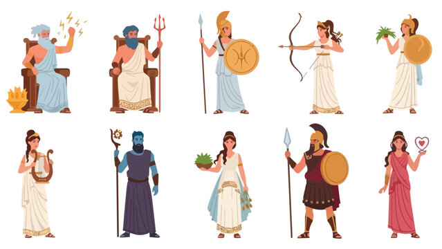 Flat vector cartoon set of ancient Greek gods and goddesses, including Zeus with lightning, Poseidon with a trident, Athena as a warrior, and other mythological figures. Simple shapes, clean style, mi