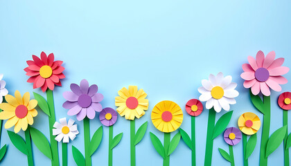 Row of colorful paper cutout tulips and daisies with green stems on light blue background